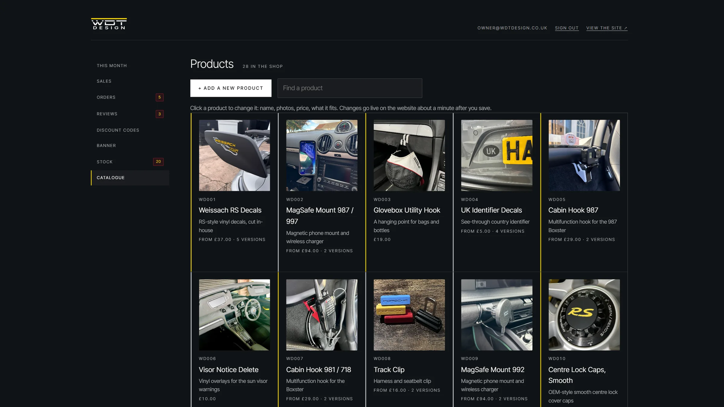 Product grid in the dashboard