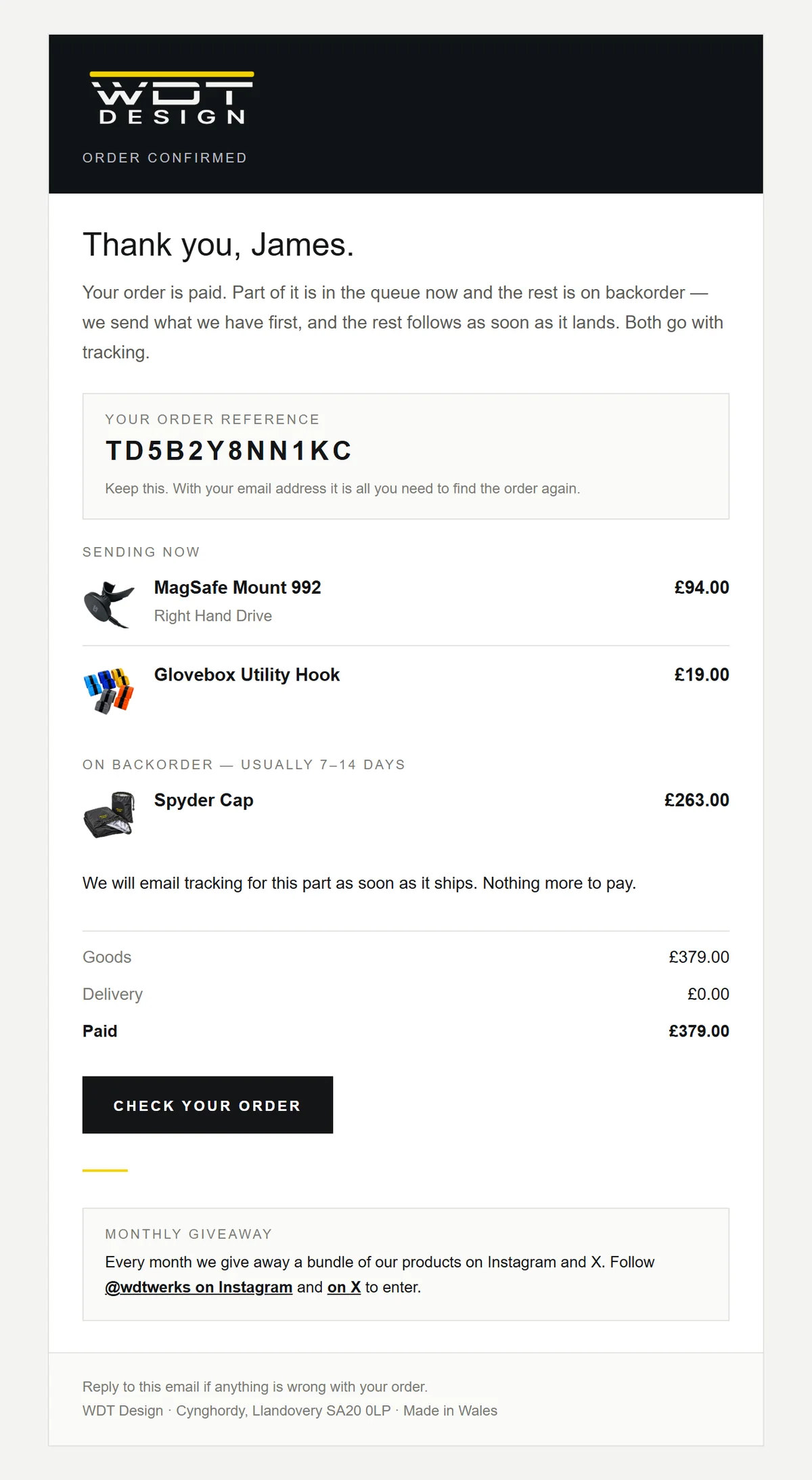 Order confirmation with a backordered item