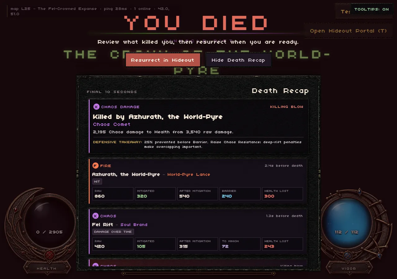 Death recap screen