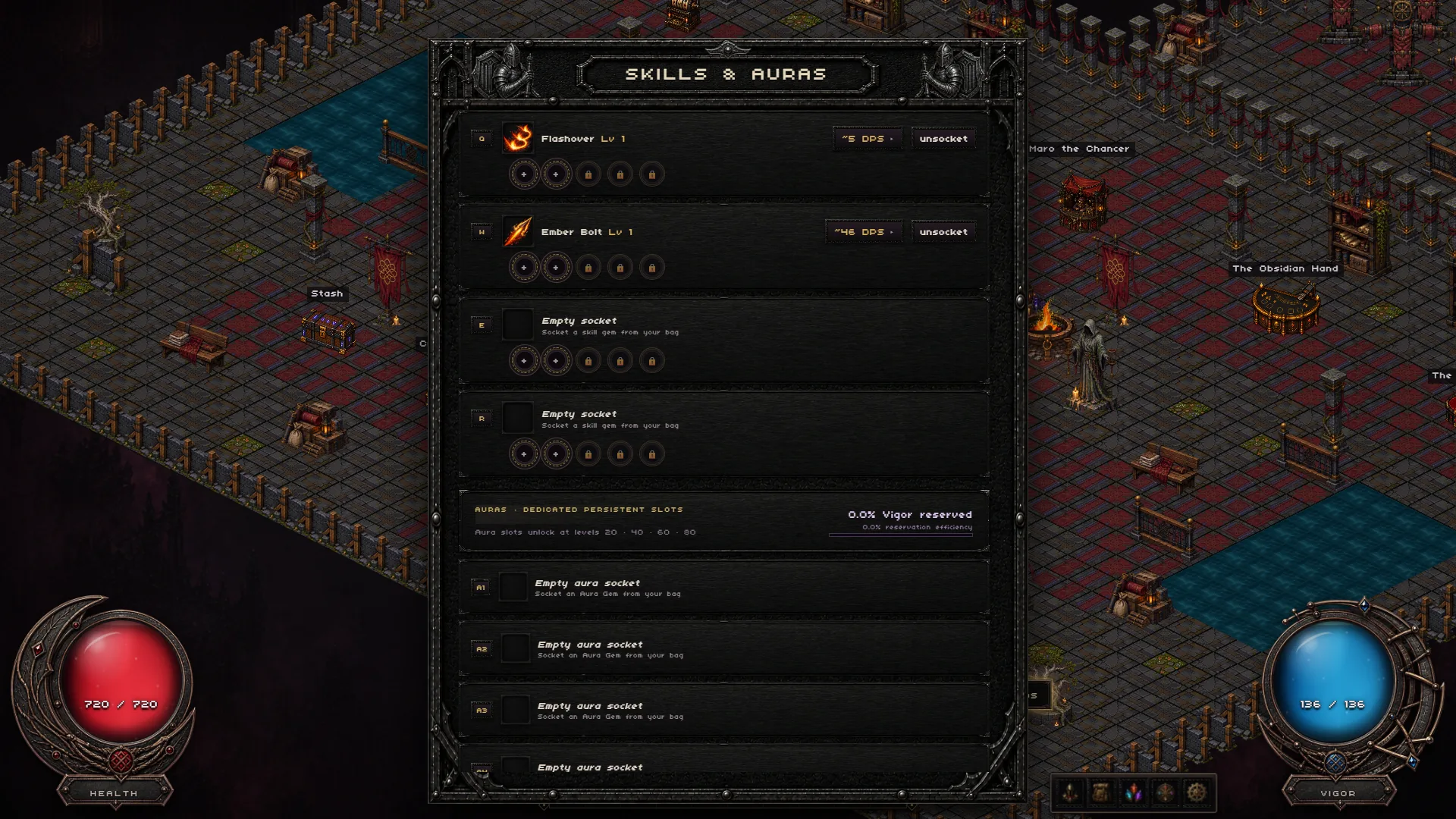 Skills and auras panel with socketed gems