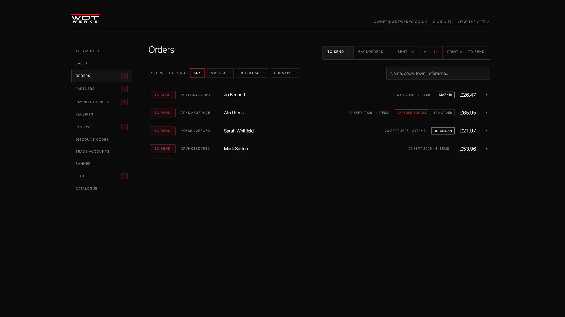 Orders to send with code filters