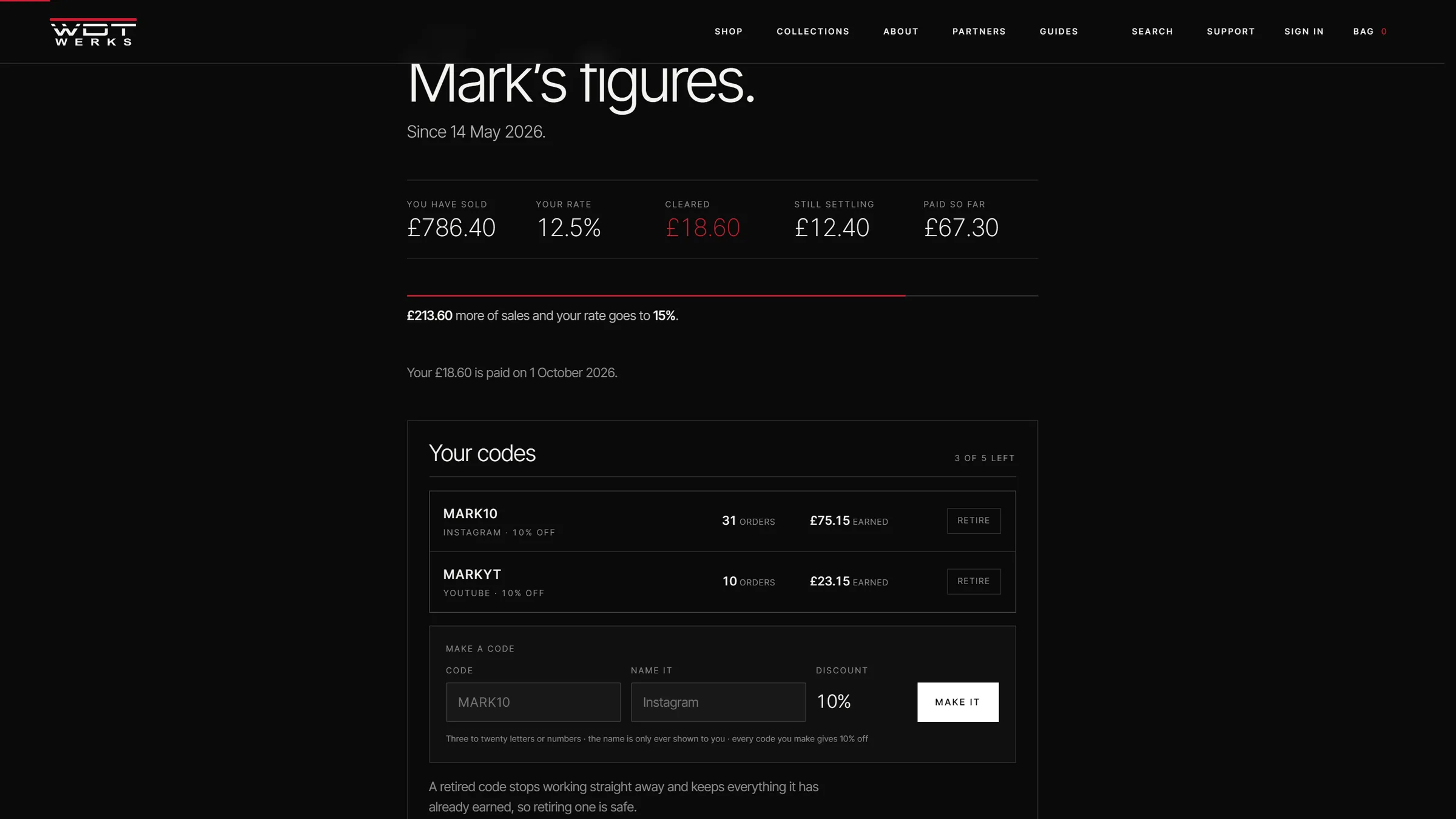 A partner's dashboard: sales, rate, cleared and paid commission