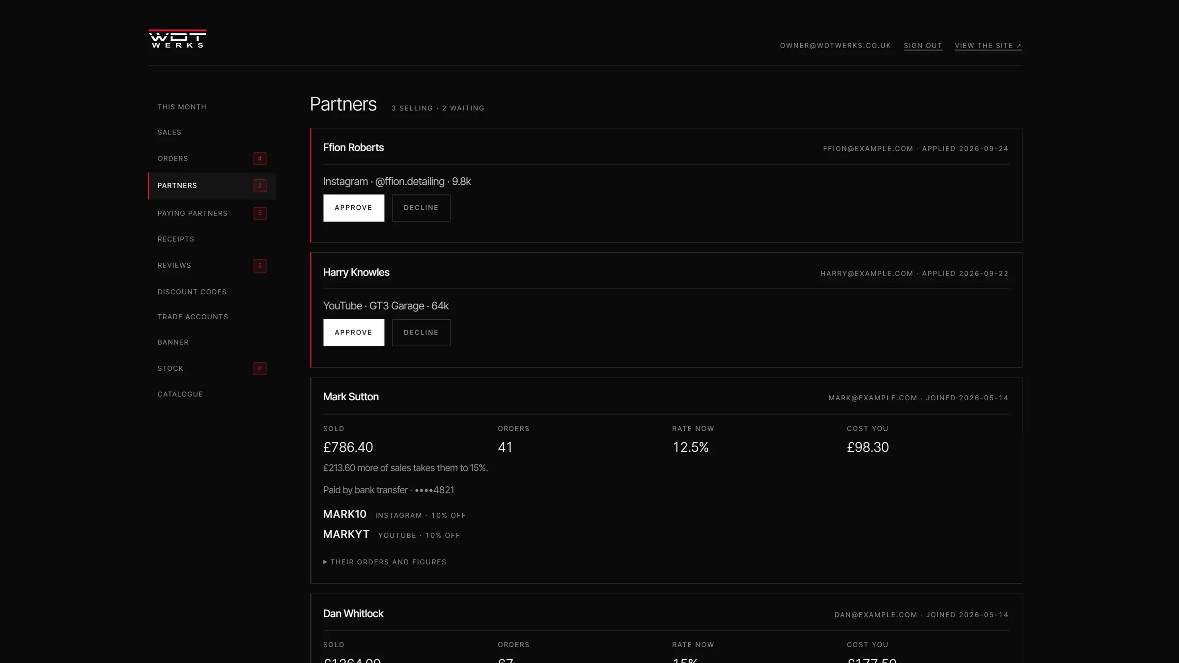 WDT Werks dashboard: partner applications and active partners