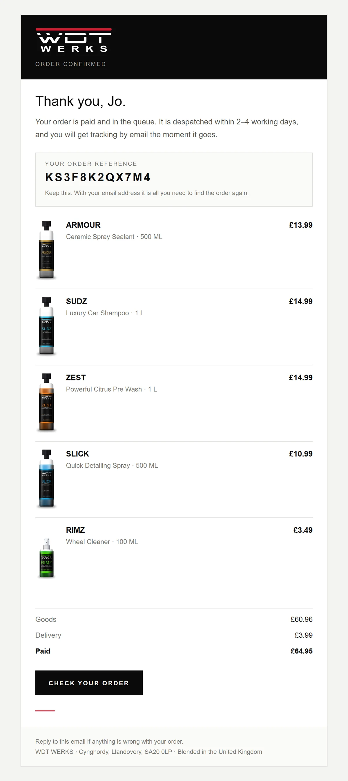 Order confirmation email