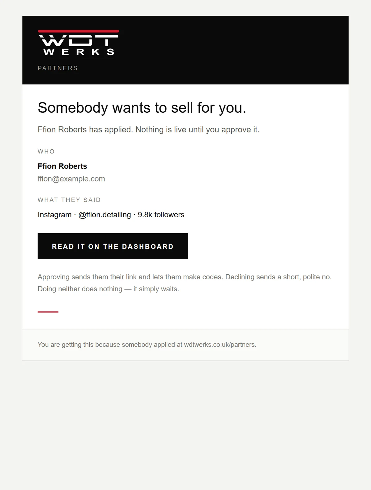 New partner application email to the owner