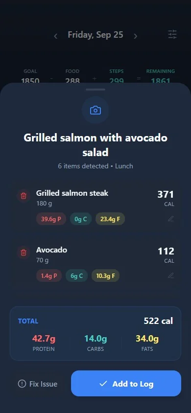 ZenFast results screen: grilled salmon with avocado salad, 522 kcal
